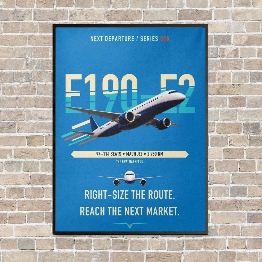Embraer E190-E2 vertical canvas print - framed - turquoise background