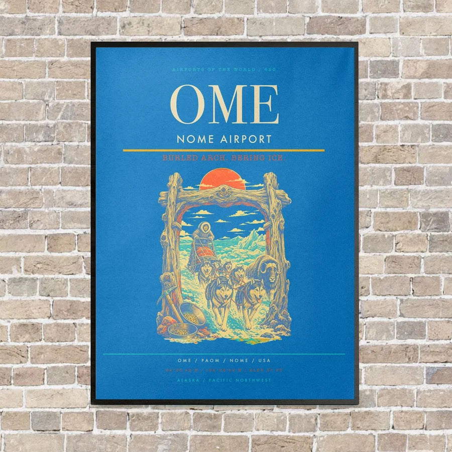 Nome Airport OME vertical canvas print - framed - turquoise background