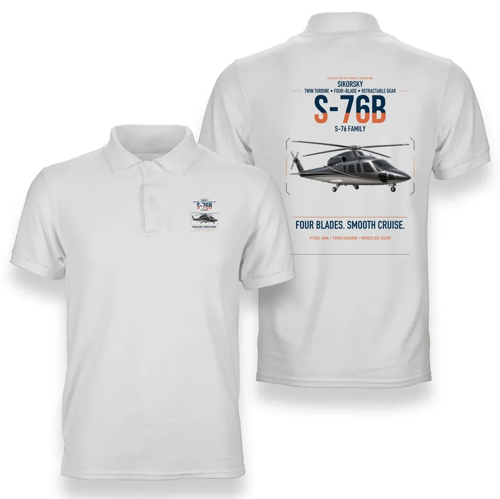 Sikorsky S-76B design on white double-side polo t-shirt, double-side print