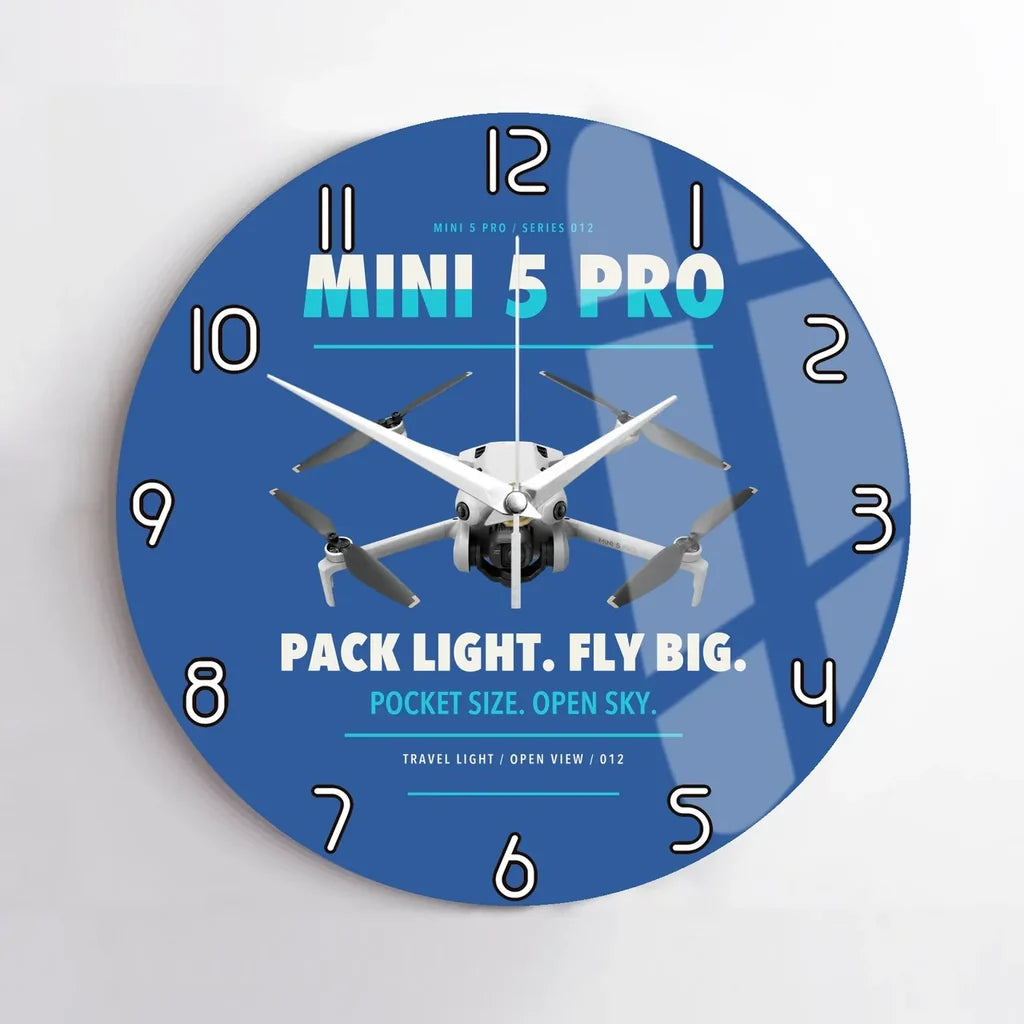 DJI Mini 5 Pro design on blue no frame wall clock