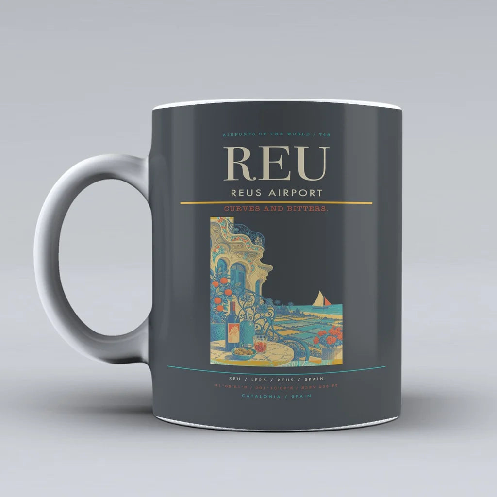 Reus Airport (REU) airport code design on gray ceramic mug