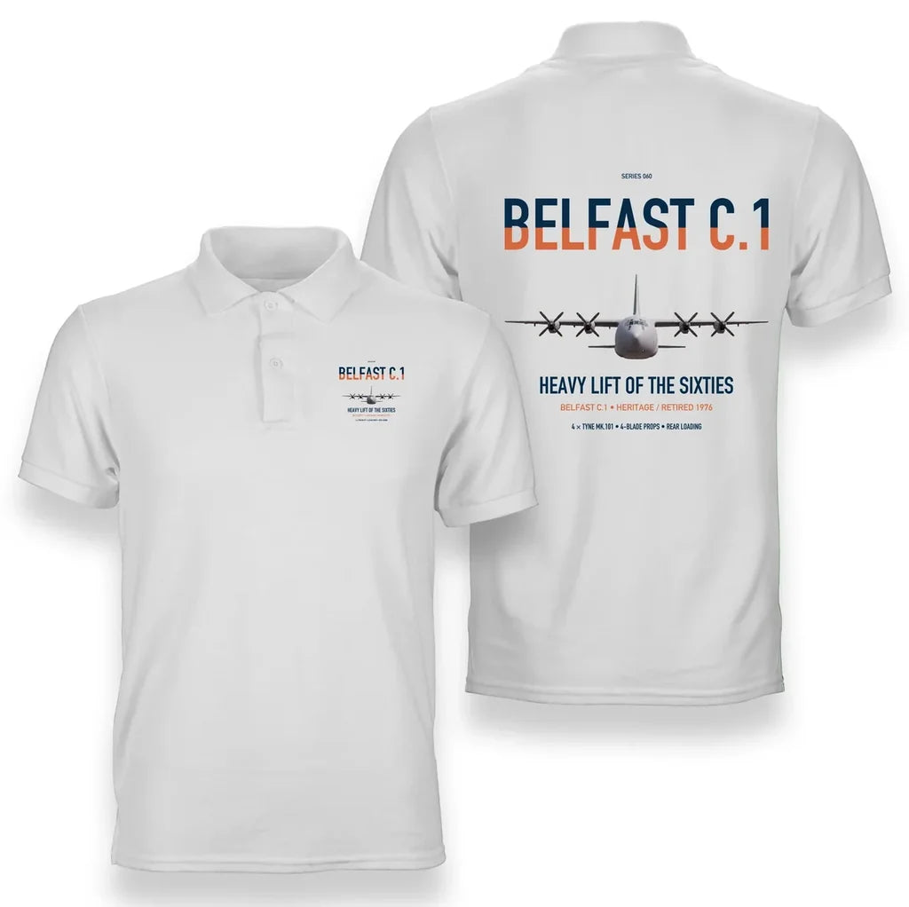 Short Belfast C.1 design on white double-side polo t-shirt, double-side print