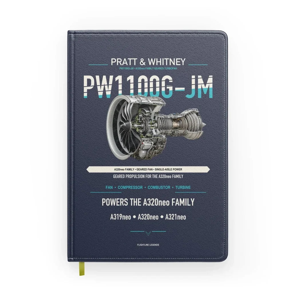 PW1100G-JM design on navy blue notebook