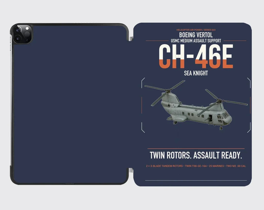 Boeing Vertol CH-46E Sea Knight design on navy blue ipad tablet case