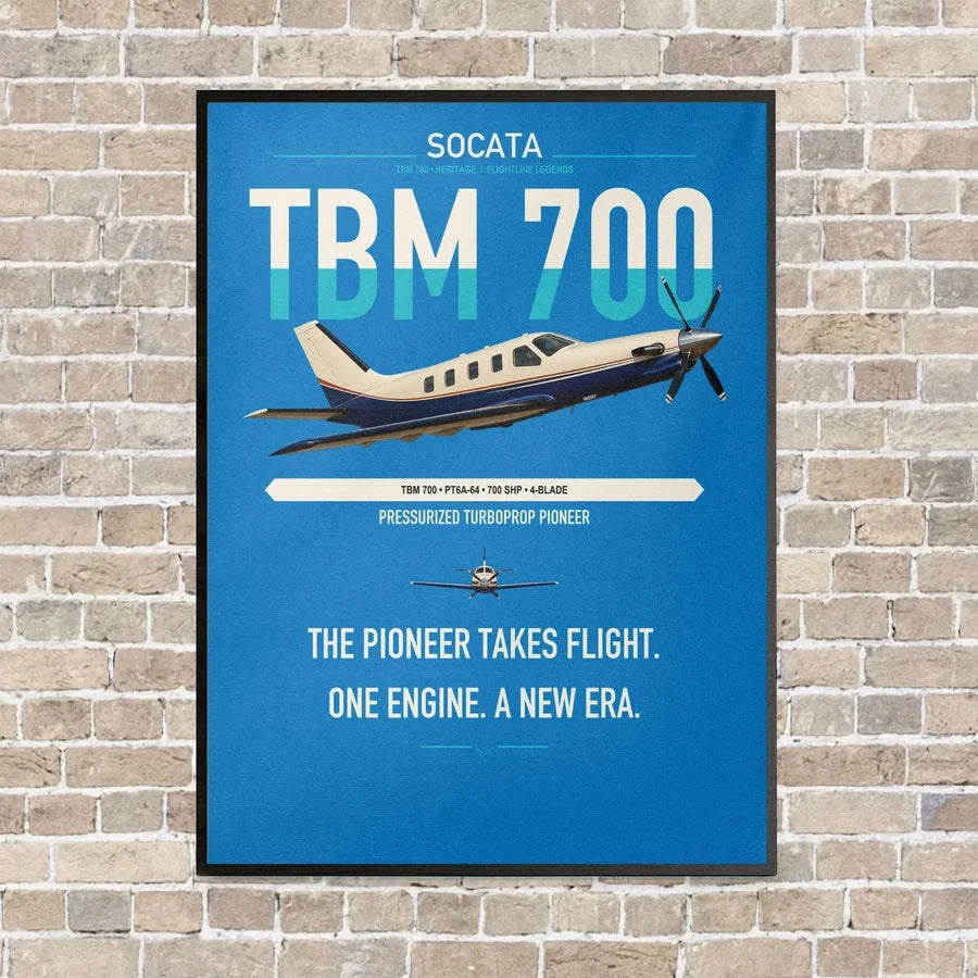 Socata TBM 700 vertical canvas print - framed - turquoise background