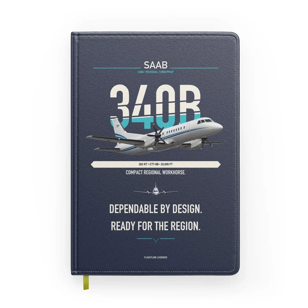 Saab 340B design on navy blue notebook