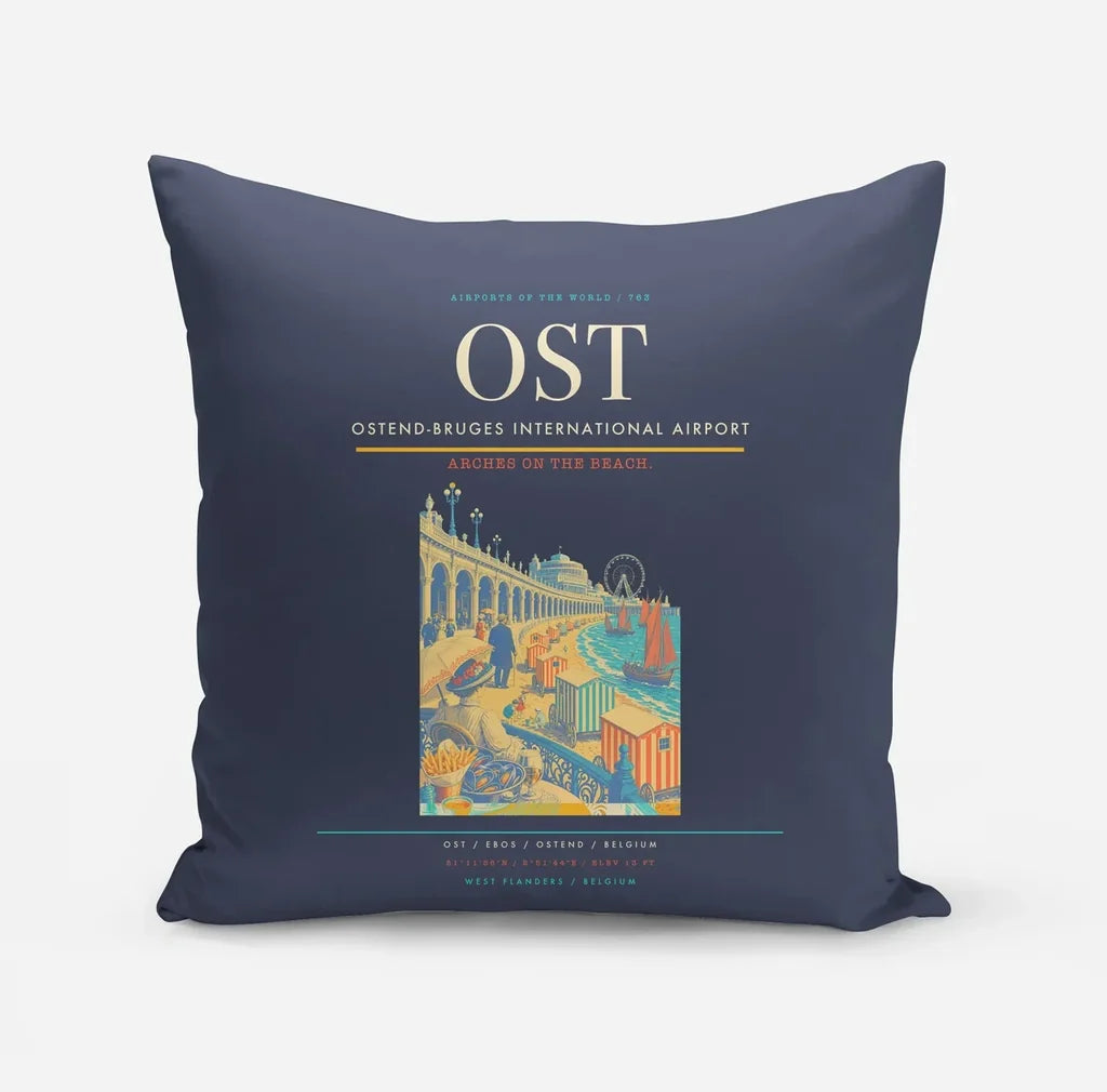 Ostend-Bruges International Airport (OST) design on navy blue pillow