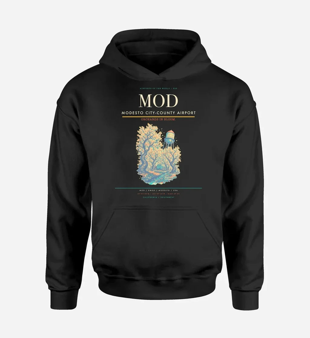 Modesto City-County Airport (MOD) design on black hoodie single-side print