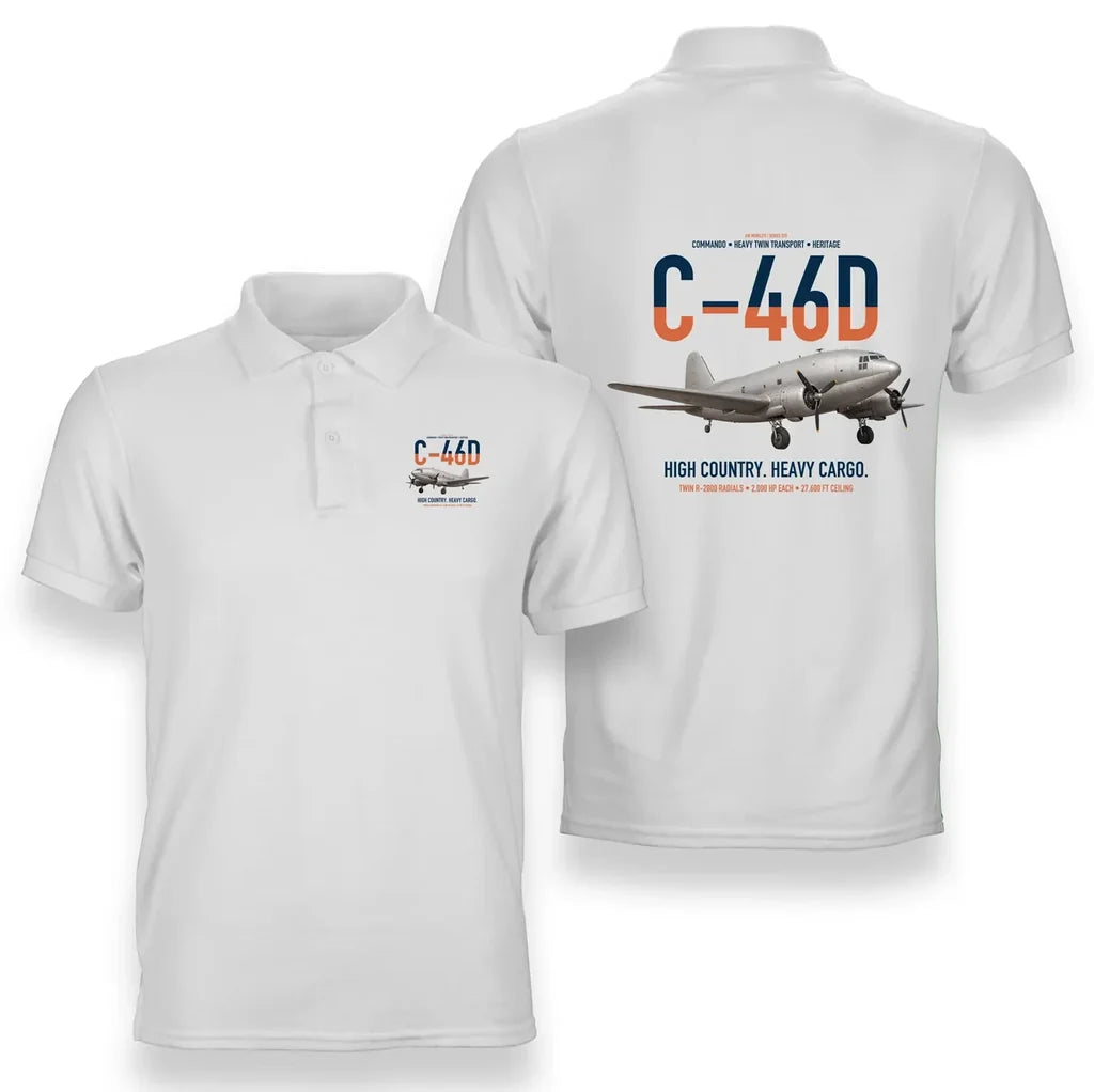 C-46D Commando design on white double-side polo t-shirt, double-side print