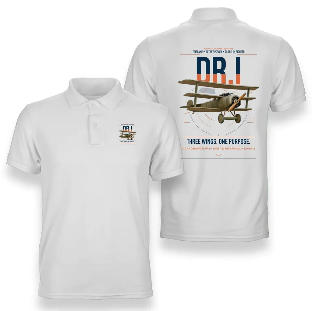 Fokker Dr.I design on white double-side polo t-shirt, double-side print