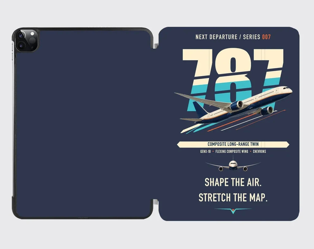 Boeing 787-9 Dreamliner design on navy blue ipad tablet case