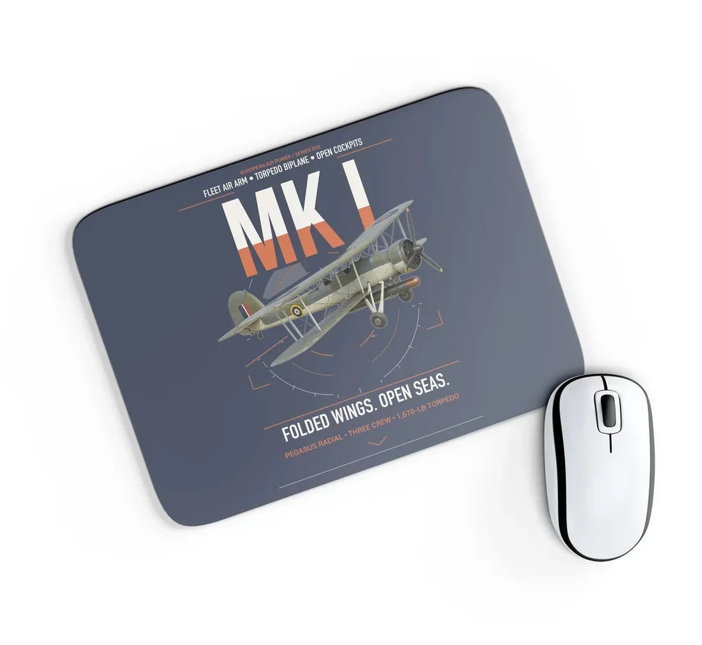 Fairey Swordfish Mk I design on navy blue rectangle mouse pad