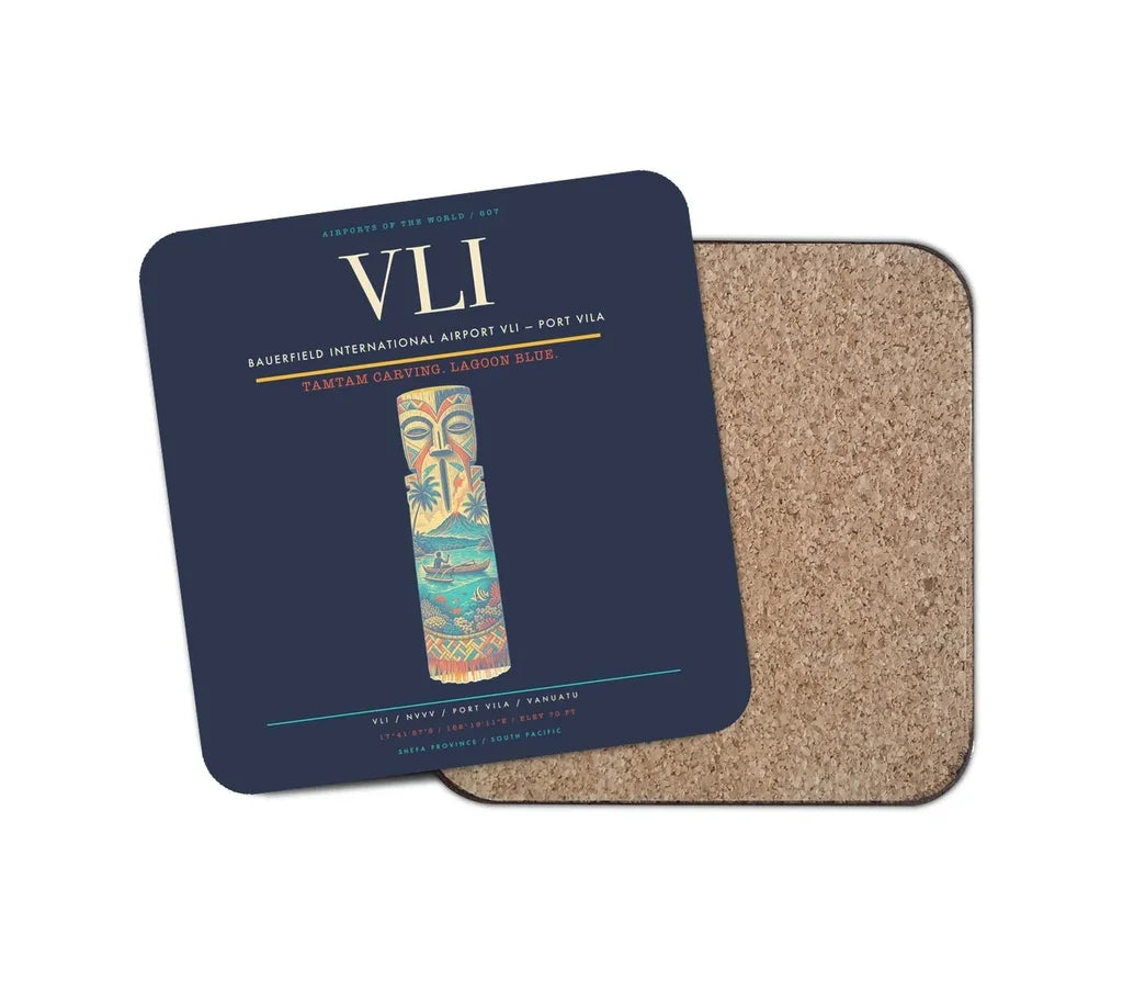Bauerfield International Airport (VLI) design on navy blue 1 piece coaster