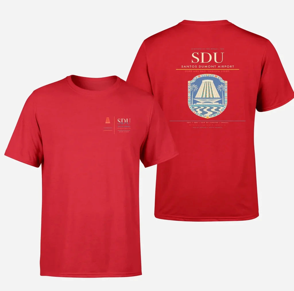 Santos Dumont Airport (SDU) design printed on red double-side t-shirt