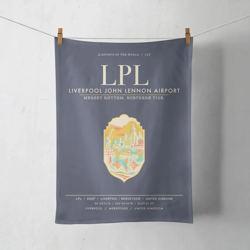 Liverpool John Lennon Airport (LPL) design on navy blue towel