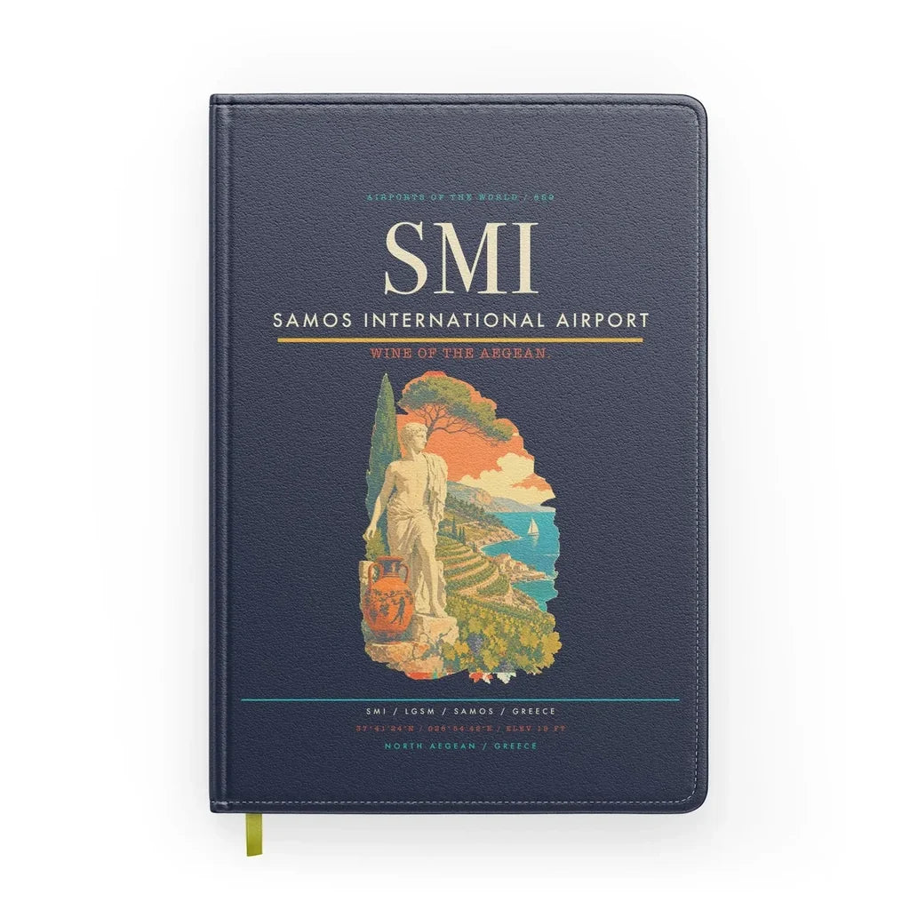 Samos International Airport (SMI) design on navy blue notebook