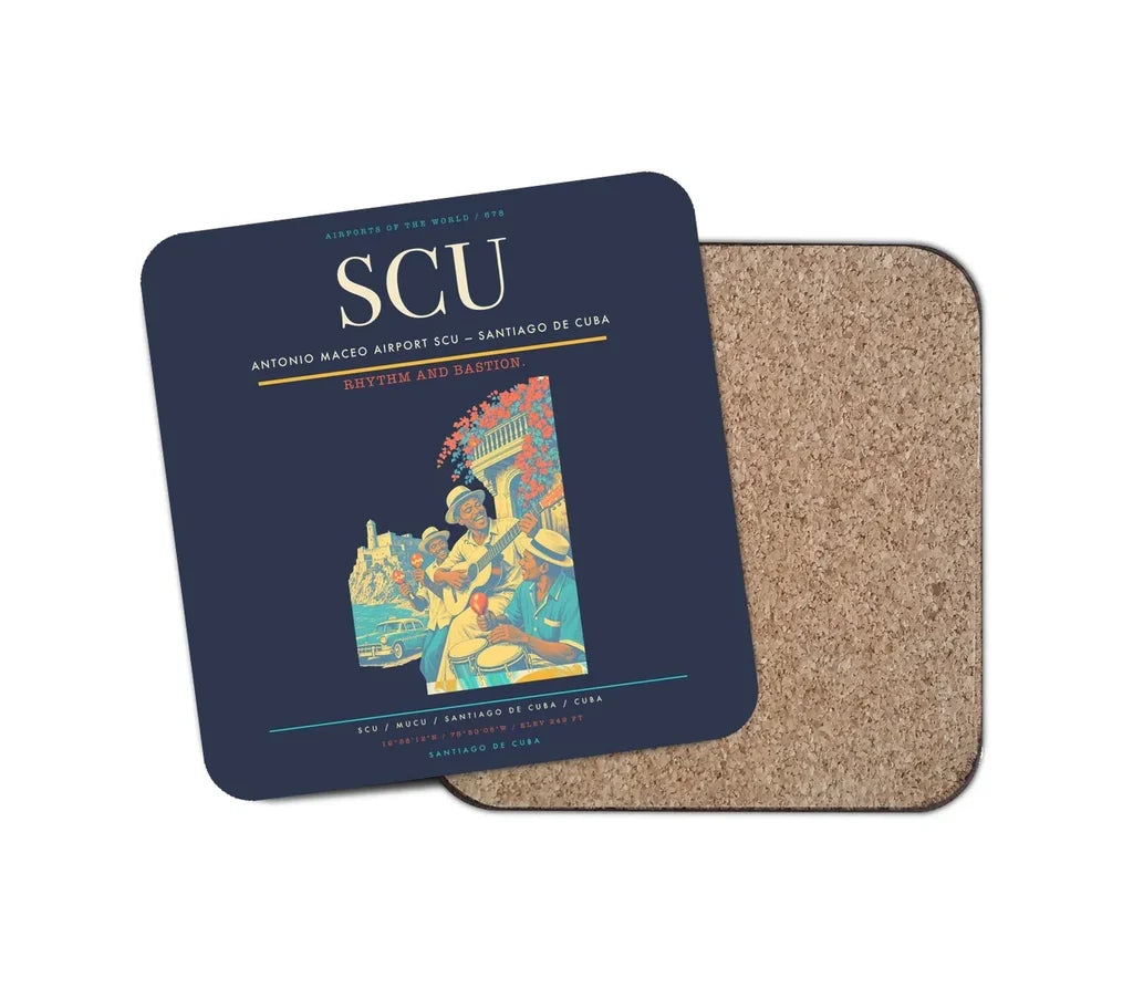 Antonio Maceo Airport (SCU) design on navy blue 1 piece coaster