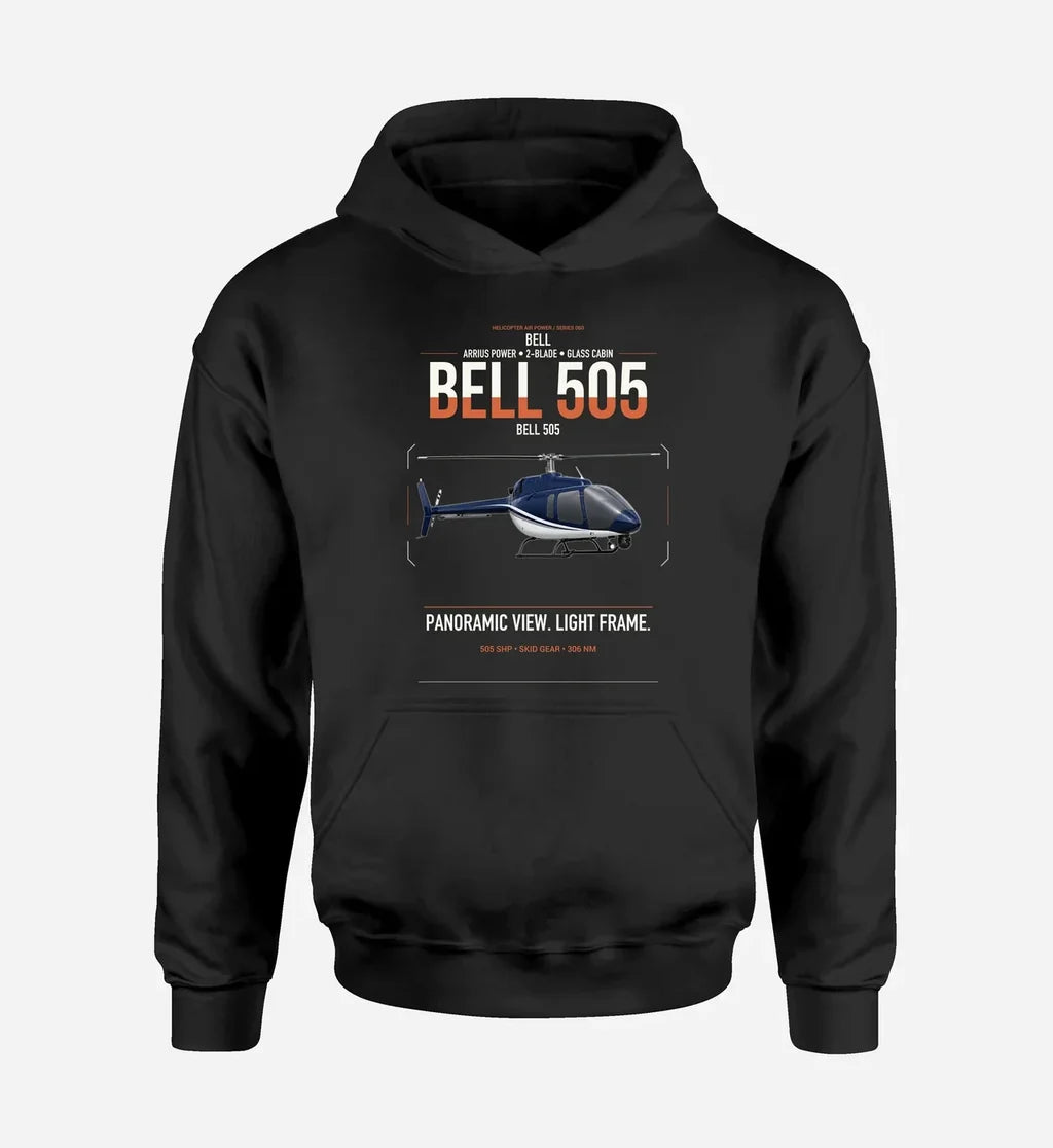 Bell 505 design on black double-side hoodie, single-side print