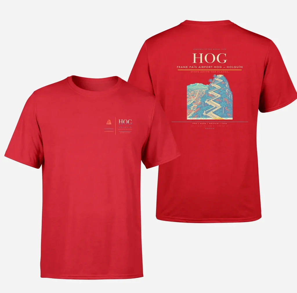 Frank País Airport (HOG) design printed on red double-side t-shirt