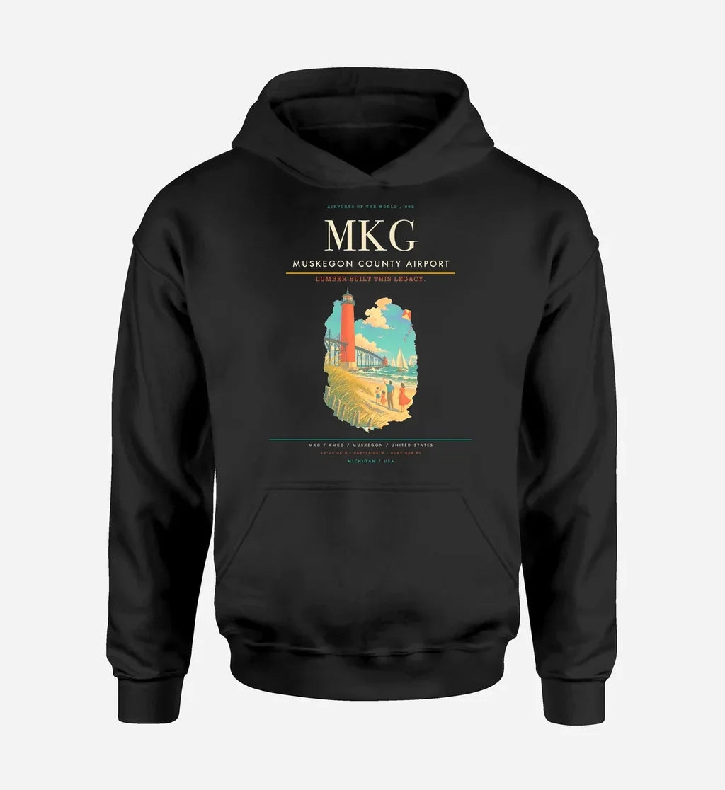 Muskegon County Airport (MKG) design on black hoodie single-side print