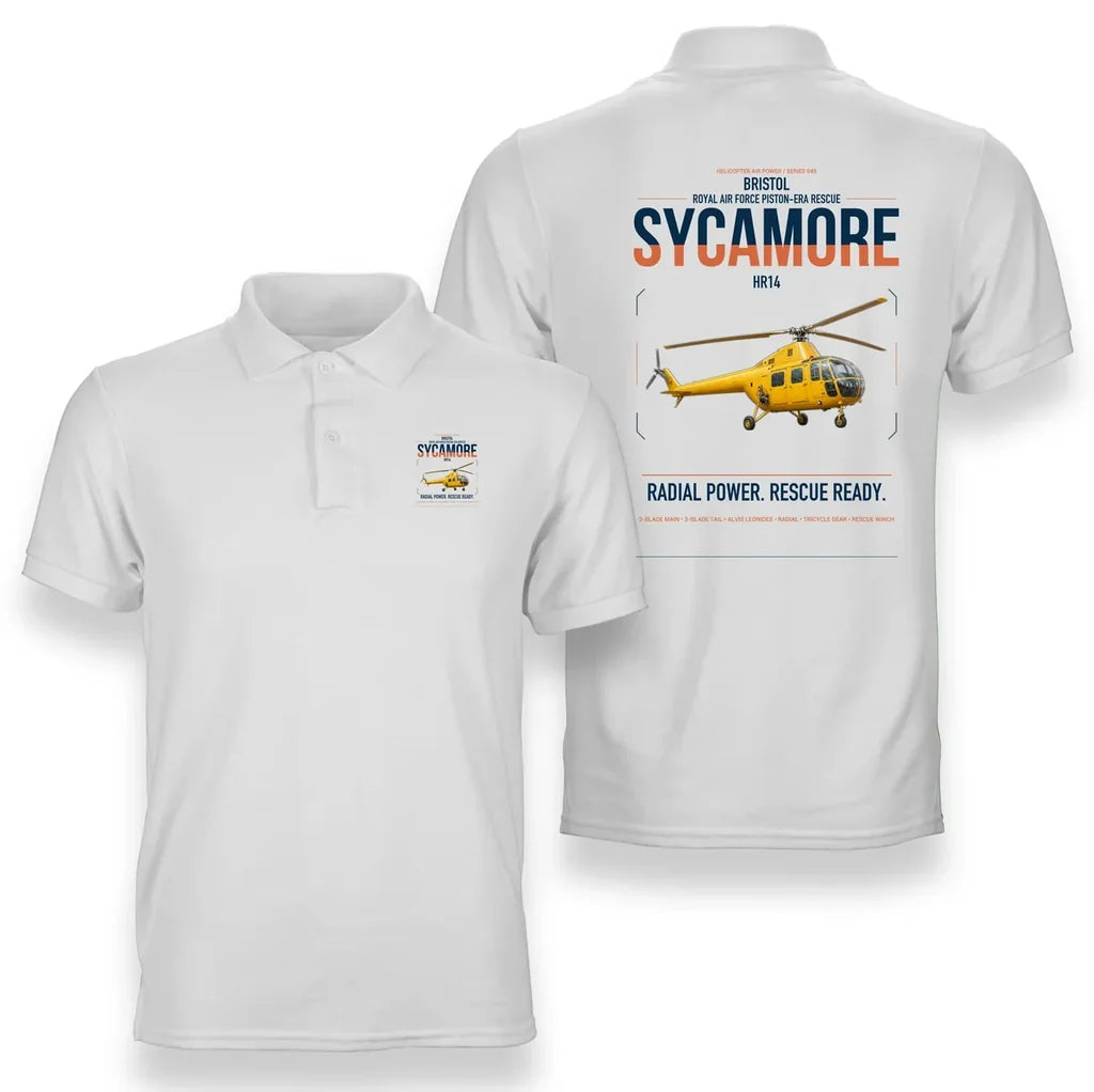 Bristol Sycamore HR14 design on white double-side polo t-shirt, double-side print