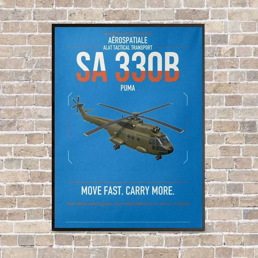 Aérospatiale SA 330B Puma vertical canvas print - framed - turquoise background