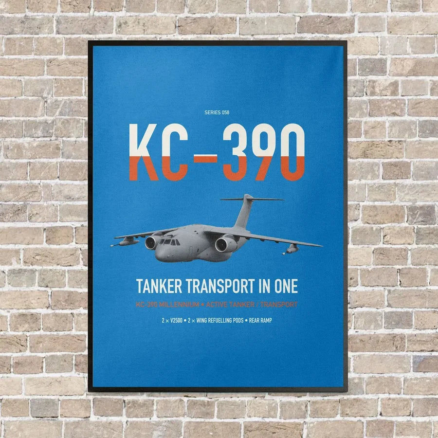 Embraer KC-390 Millennium vertical canvas print - framed - turquoise background