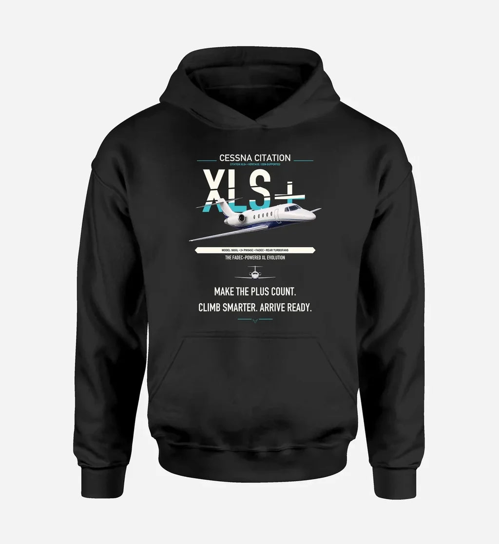 Cessna Citation XLSPlus design on black double-side hoodie, single-side print