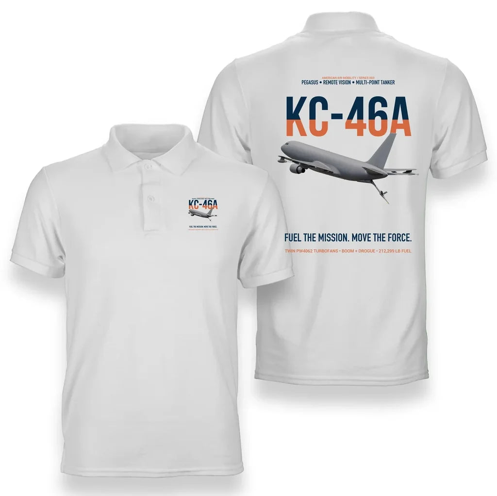 KC-46A PEGASUS design on white double-side polo t-shirt, double-side print