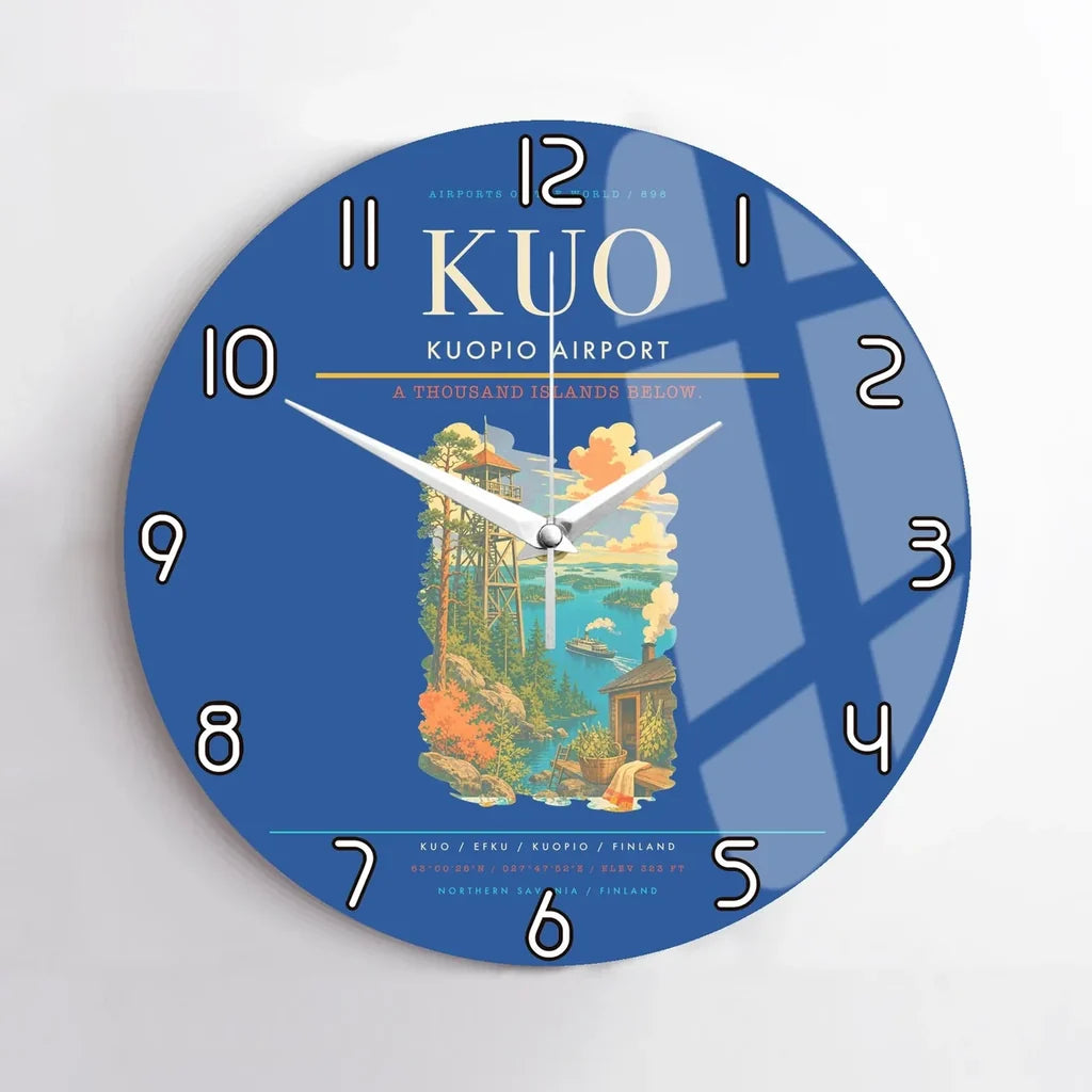 Kuopio Airport (KUO) design on blue no frame wall clock