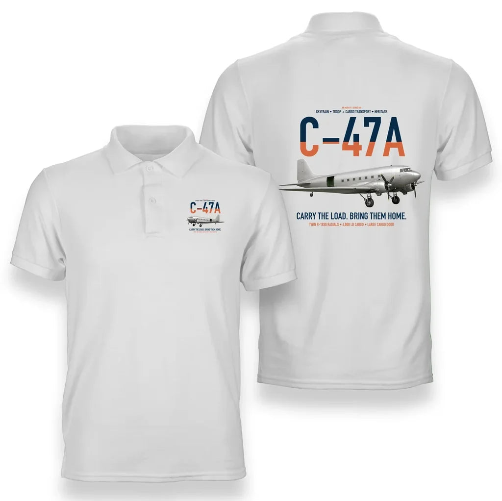 C-47A Skytrain design on white double-side polo t-shirt, double-side print