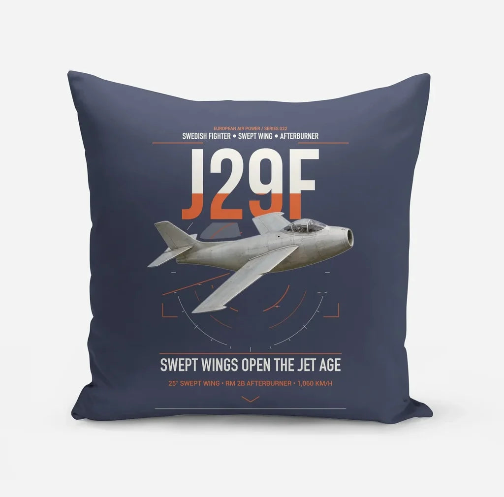Saab J 29F Tunnan design on navy blue pillow