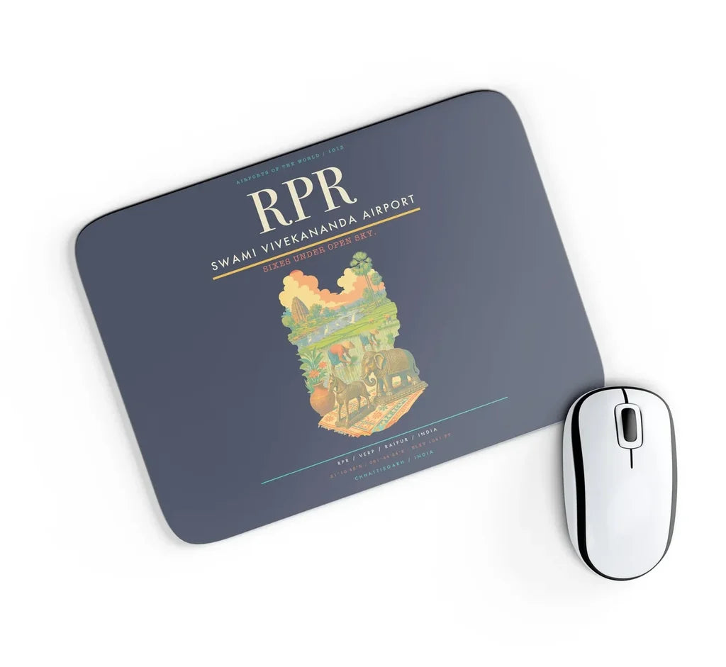 Swami Vivekananda Airport (RPR) design on navy blue rectangle mouse pad