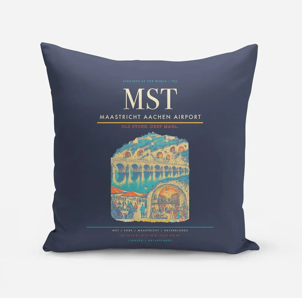 Maastricht Aachen Airport (MST) design on navy blue pillow