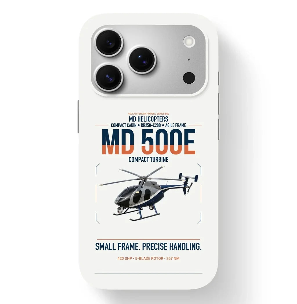 MD Helicopters MD 500E design on white magsafe iphone case, for iPhone 17 Pro