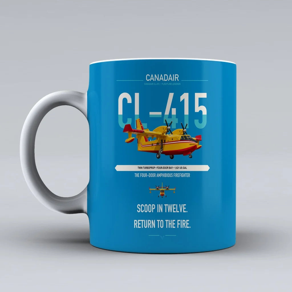 Canadair CL-415 design on turquoise ceramic mug, double-side print