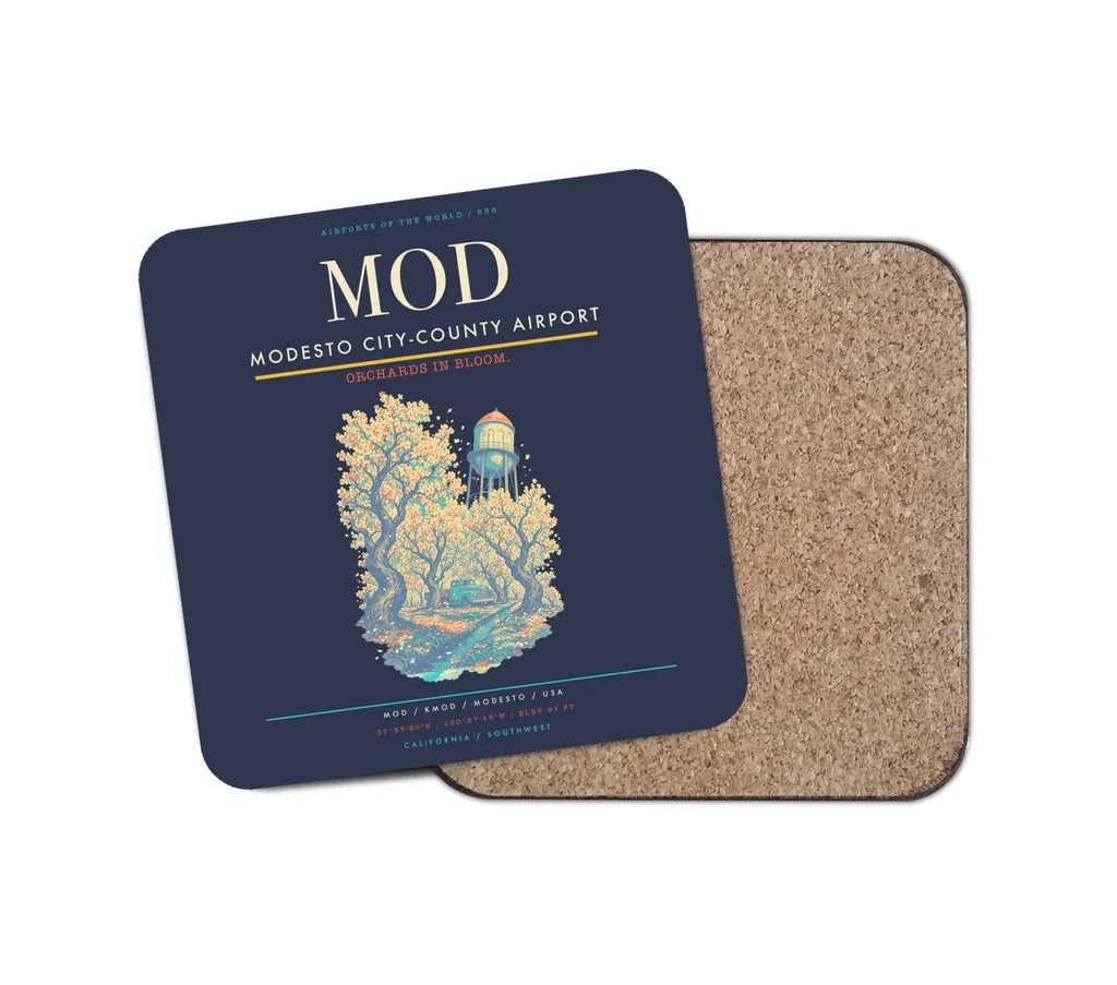 Modesto City-County Airport (MOD) design on navy blue 1 piece coaster