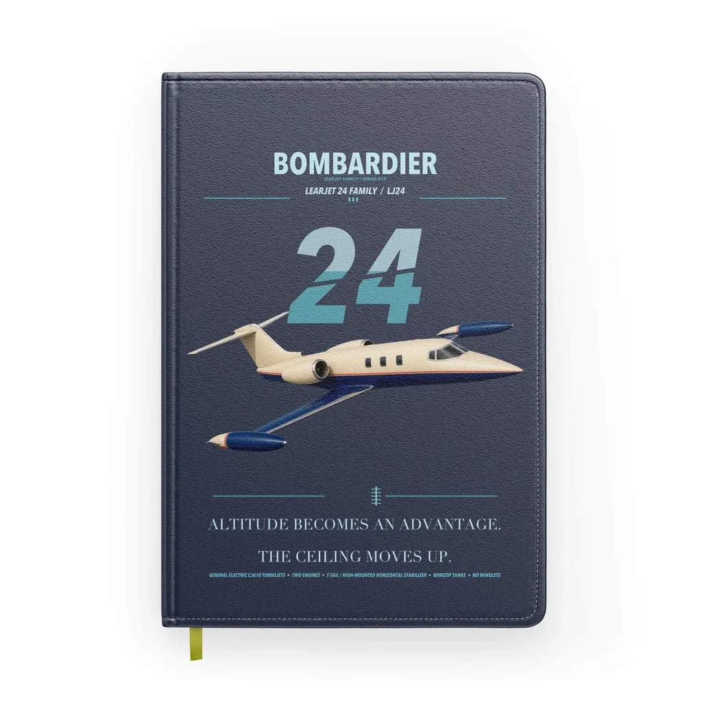 Bombardier Learjet 24 design on navy blue notebook
