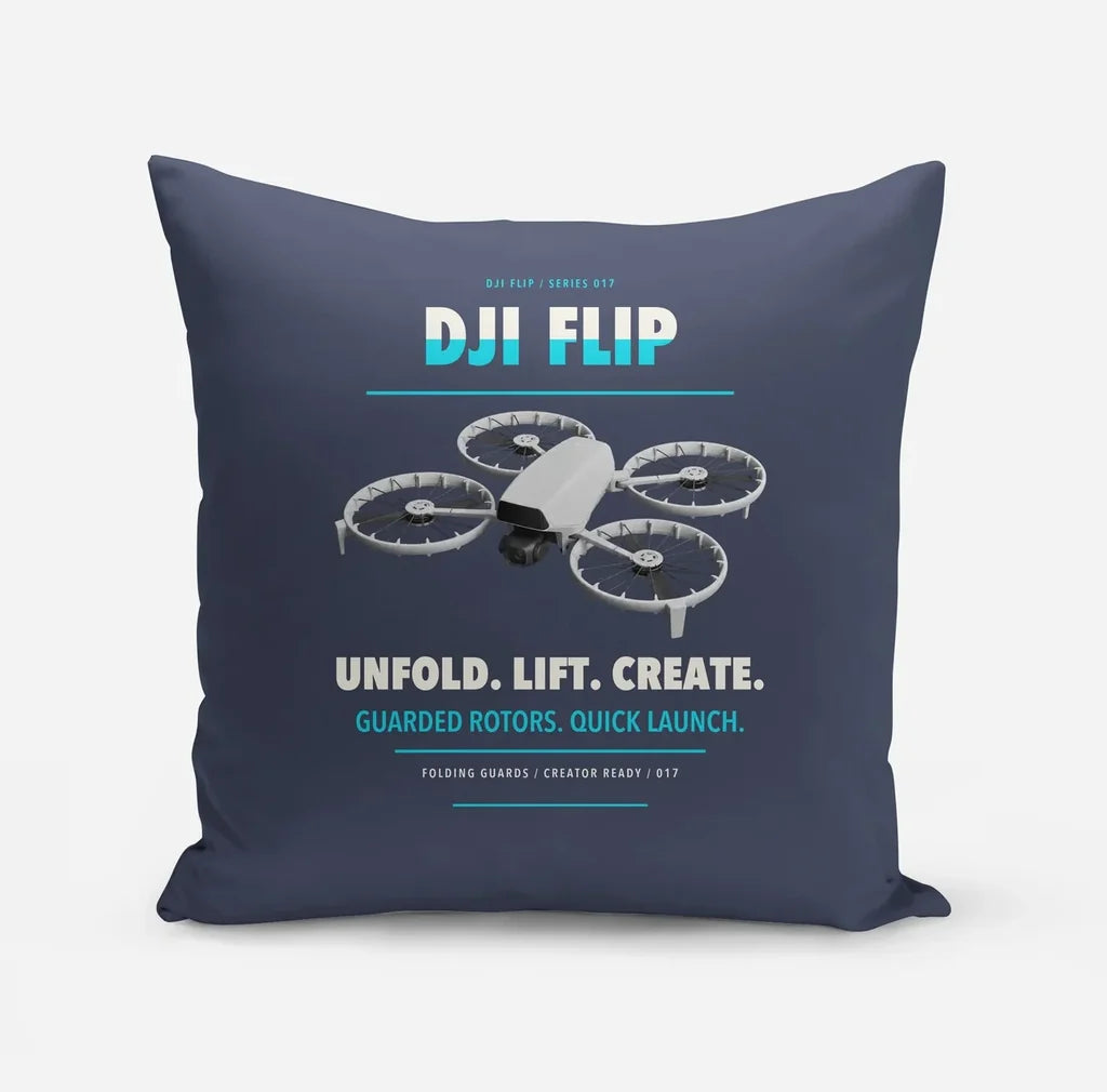 DJI Flip design on navy blue pillow