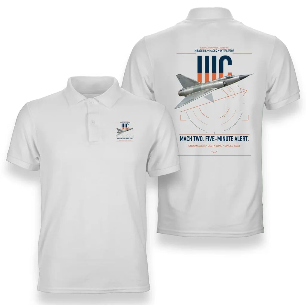 Dassault Mirage IIIC design on white double-side polo t-shirt, double-side print