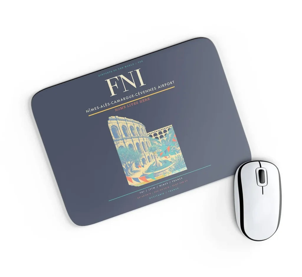 Nîmes-Alès-Camargue-Cévennes Airport (FNI) design on navy blue rectangle mouse pad