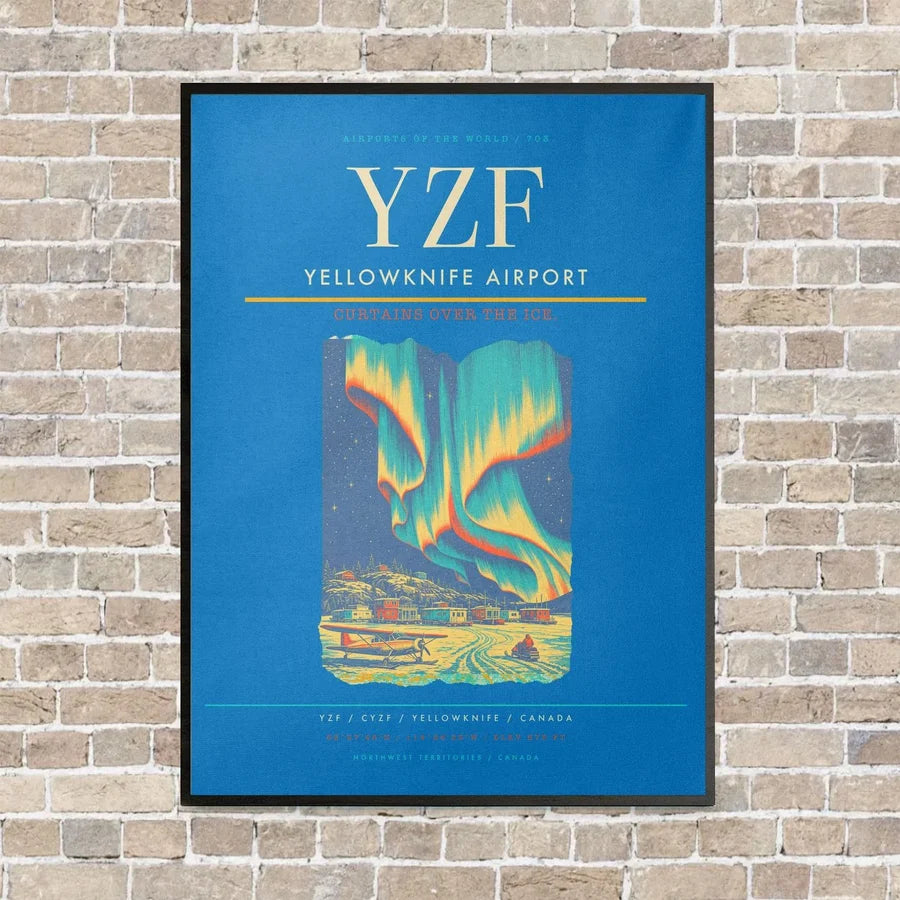 Yellowknife Airport YZF vertical canvas print - framed - turquoise background