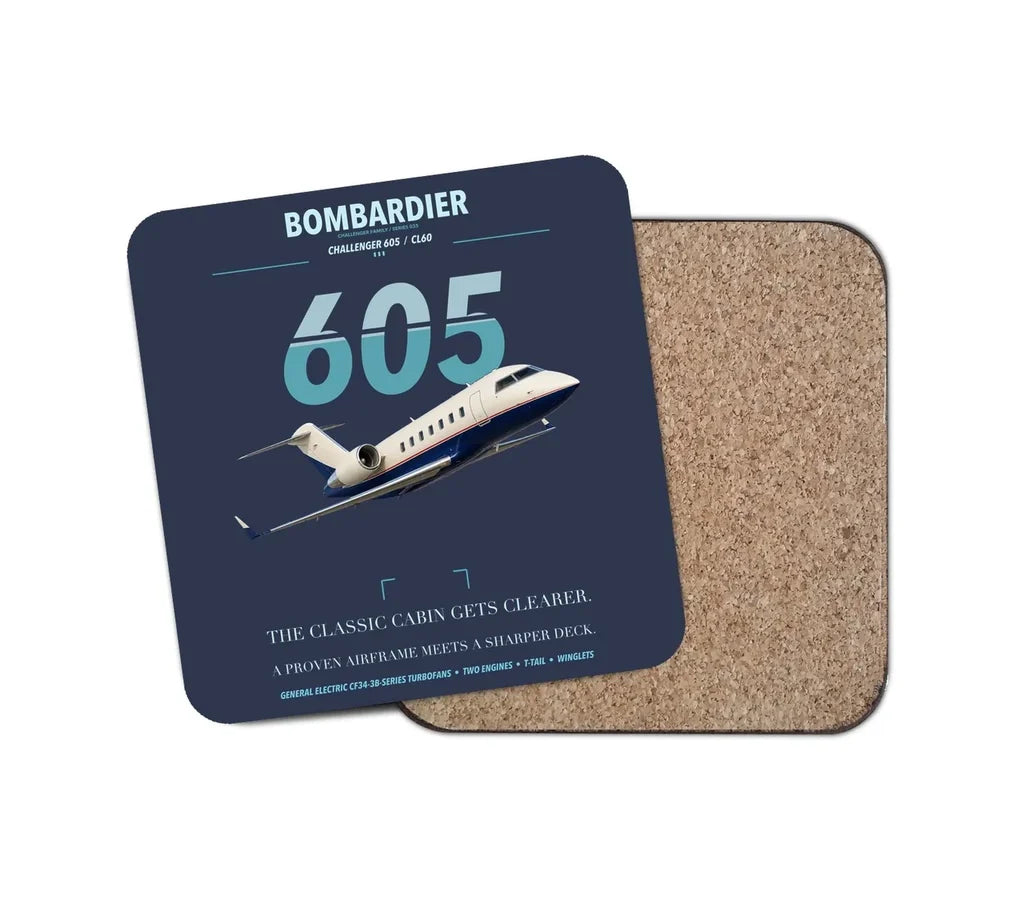 Bombardier Challenger 605 design on navy blue 1 piece coaster