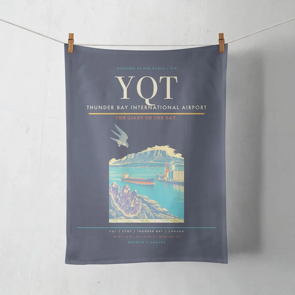 Thunder Bay International Airport (YQT) design on navy blue towel