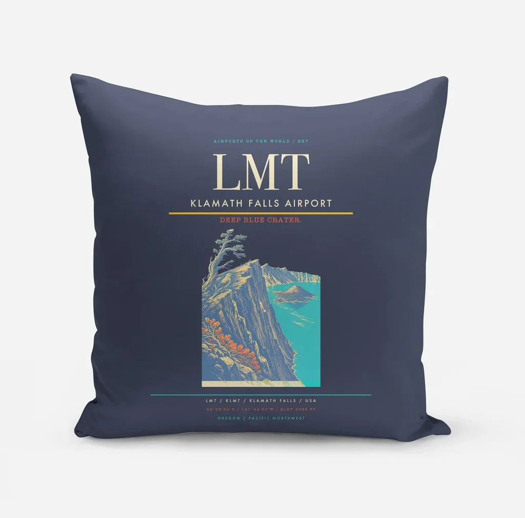 Klamath Falls Airport (LMT) design on navy blue pillow