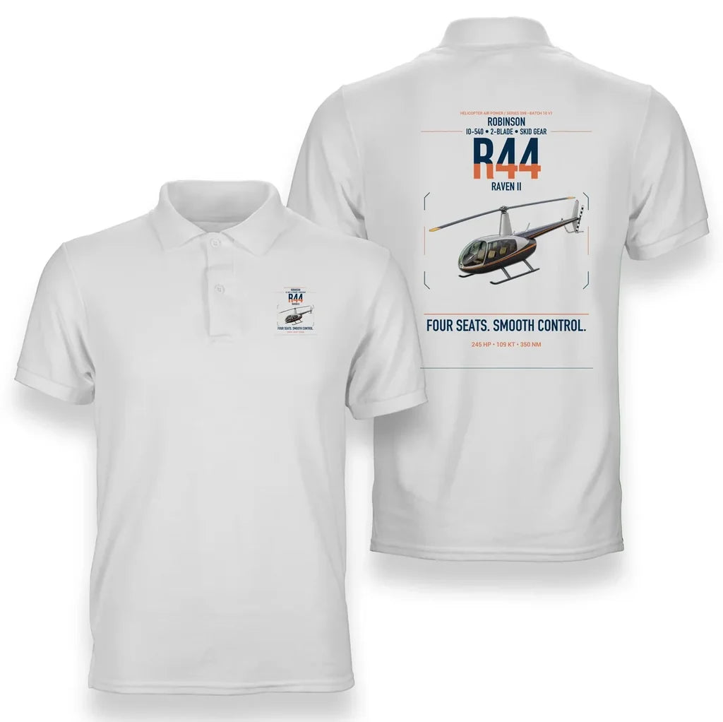 Robinson R44 Raven II design on white double-side polo t-shirt, double-side print