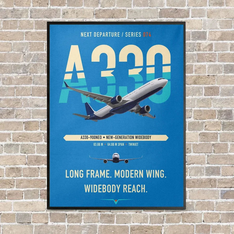Airbus A330-900neo vertical canvas print - framed - turquoise background