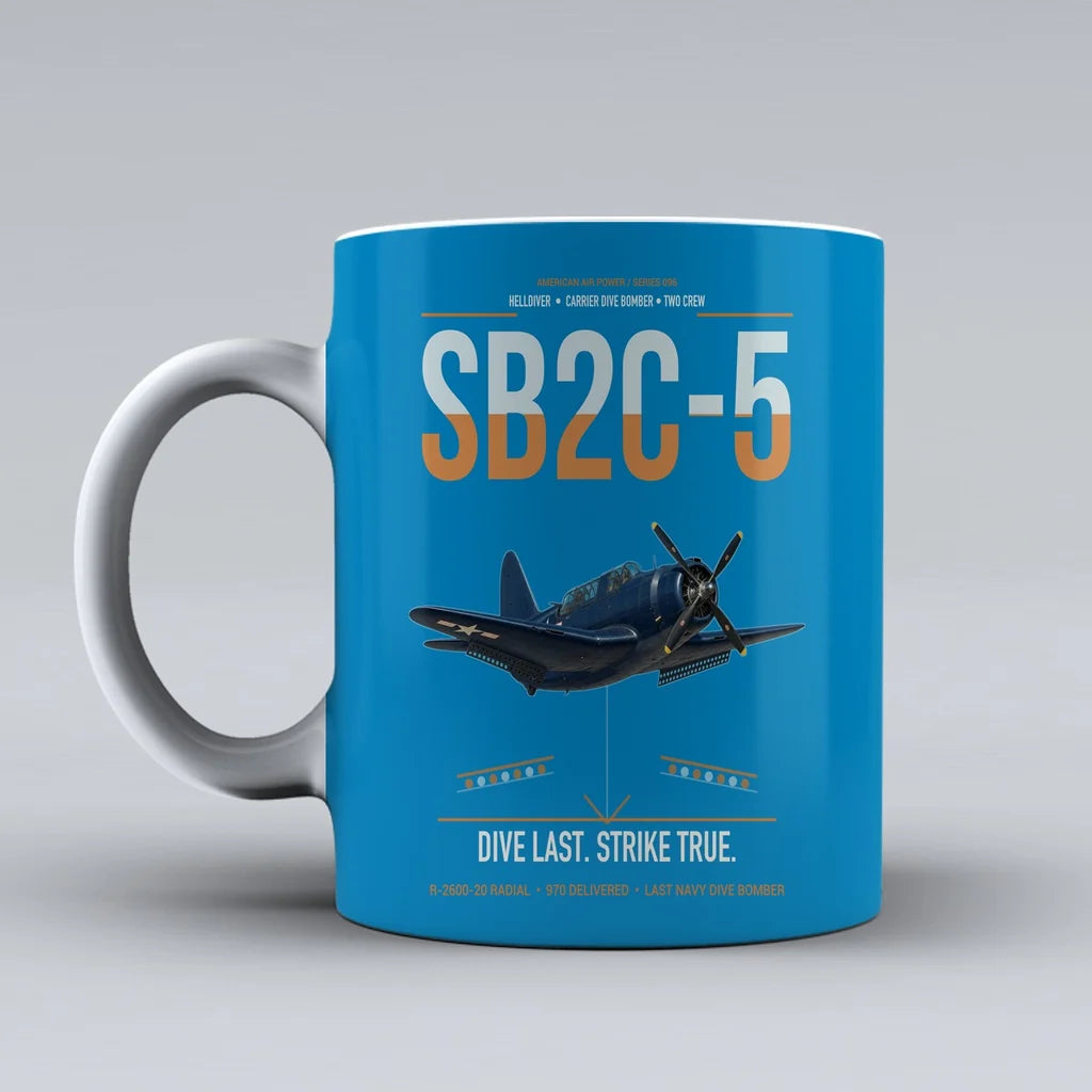 SB2C-5 Helldiver design on turquoise ceramic mug, double-side print