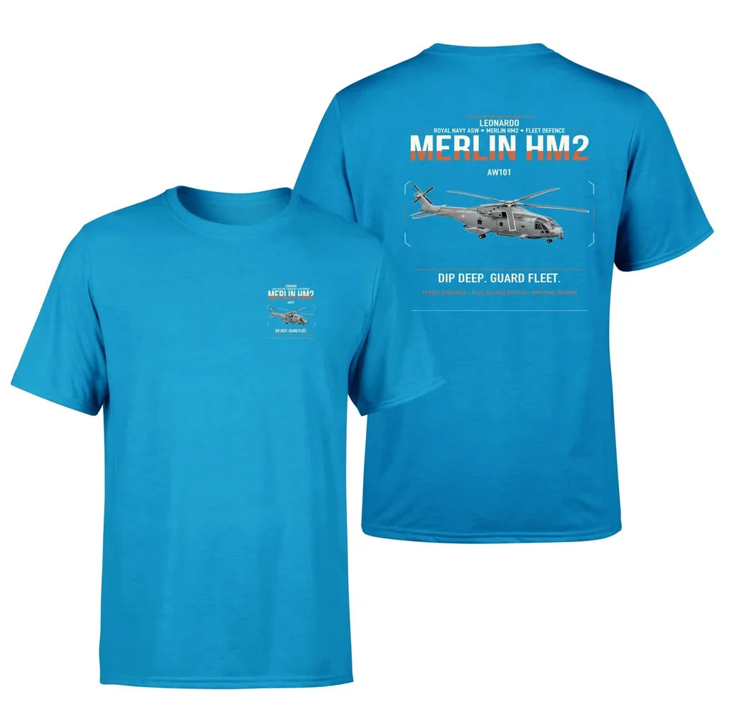 Leonardo AW101 Merlin HM2 design on turquoise t-shirt, double-side print