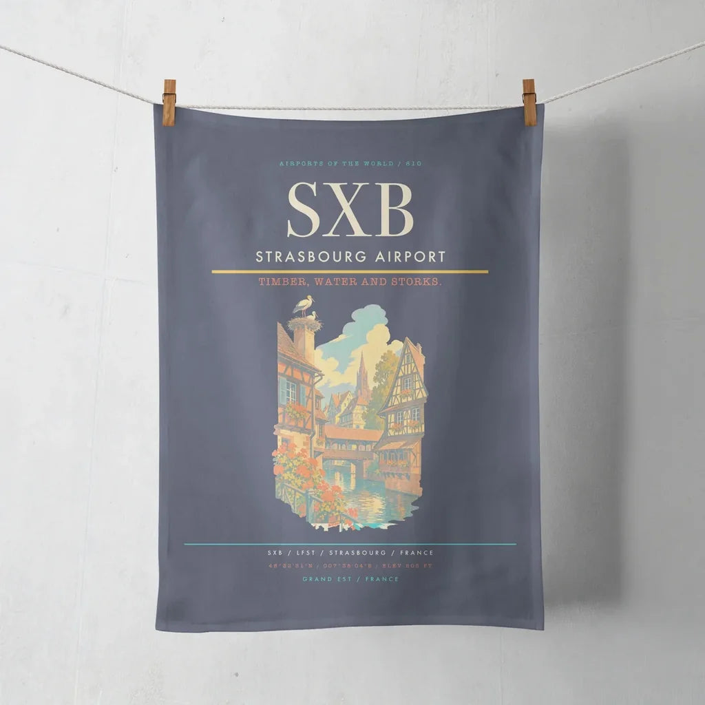 Strasbourg Airport (SXB) design on navy blue towel